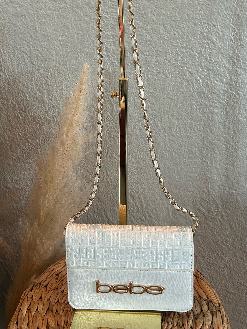 EUC bebe Zuri White Monogram Flap Crossbody Gold Chain Shoulder Purse Excellent